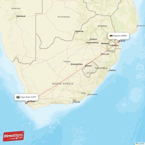 Maputo - Cape Town direct flight map