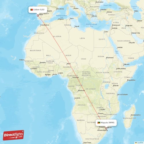 Maputo - Lisbon direct flight map