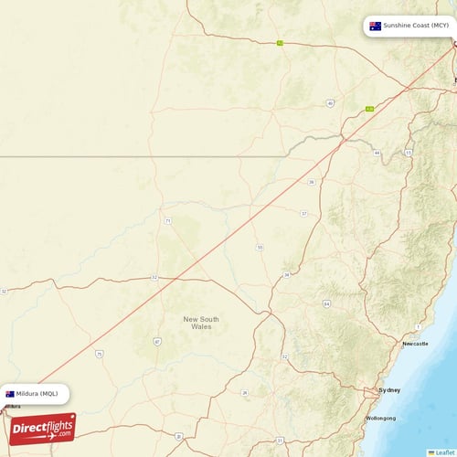 Mildura - Sunshine Coast direct flight map