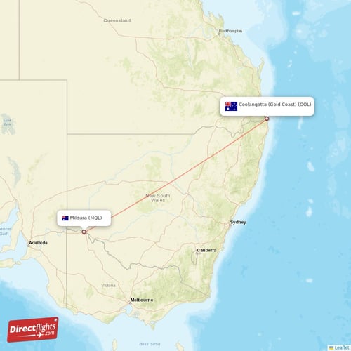 Mildura - Coolangatta (Gold Coast) direct flight map