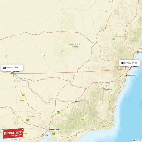 Mildura - Sydney direct flight map