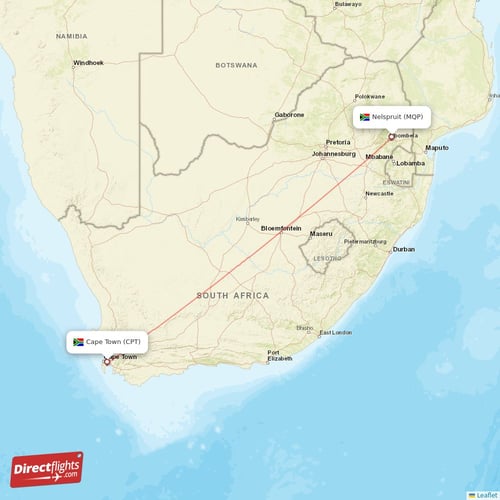 Nelspruit - Cape Town direct flight map