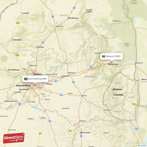 Nelspruit - Johannesburg direct flight map