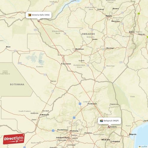 Nelspruit - Victoria Falls direct flight map