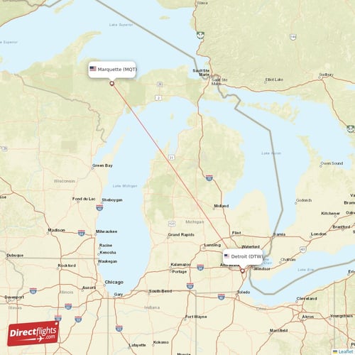 Marquette - Detroit direct flight map