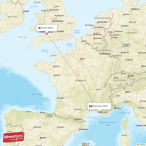 Marseille - Bristol direct flight map