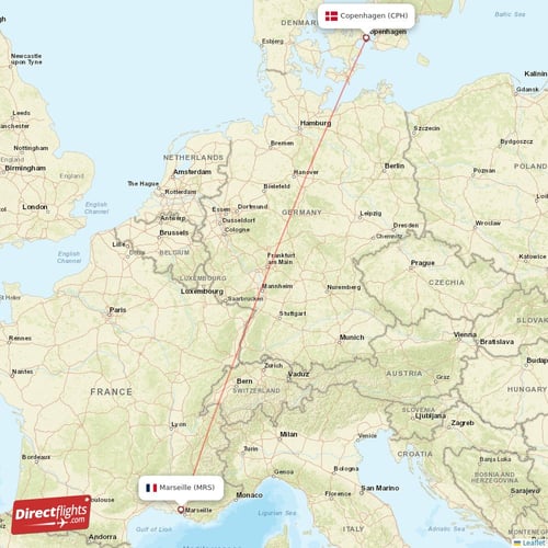 Marseille - Copenhagen direct flight map