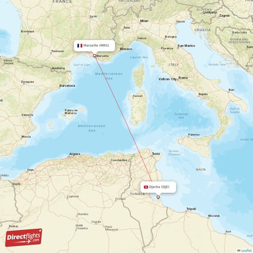 Marseille - Djerba direct flight map