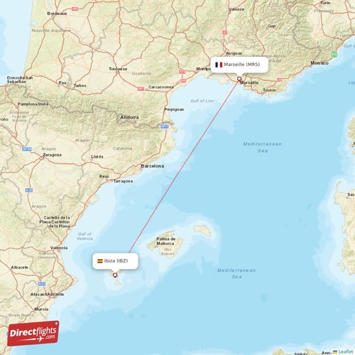Marseille - Ibiza direct flight map