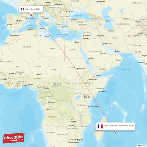 Marseille - Saint Denis de la Reunion direct flight map