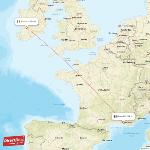 Marseille - Shannon direct flight map