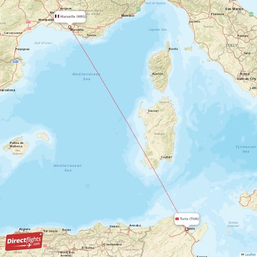 Marseille - Tunis direct flight map