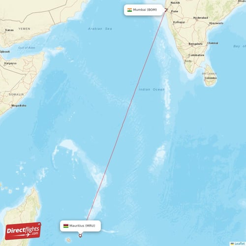 Mauritius - Mumbai direct flight map