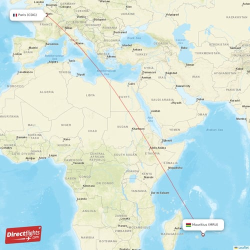 Mauritius - Paris direct flight map
