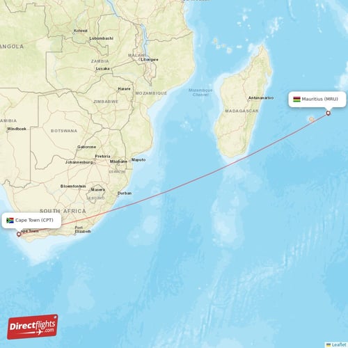 Mauritius - Cape Town direct flight map
