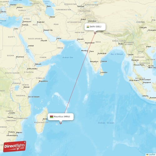 Mauritius - Delhi direct flight map
