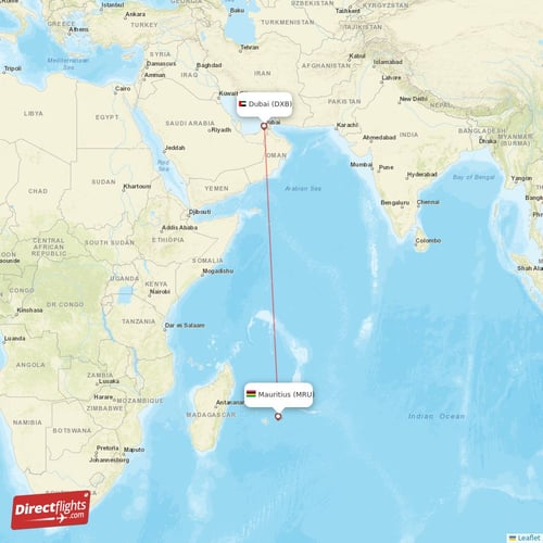 Mauritius - Dubai direct flight map