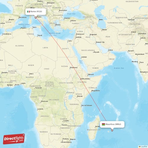 Mauritius - Rome direct flight map