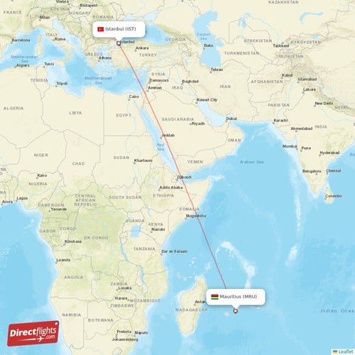 Mauritius - Istanbul direct flight map
