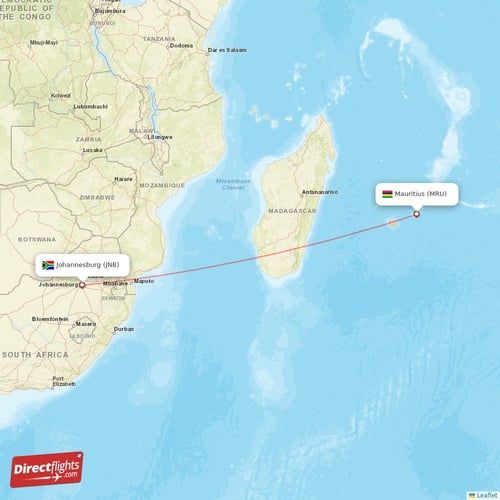 Mauritius - Johannesburg direct flight map
