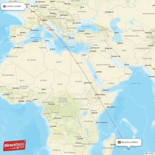 Mauritius - London direct flight map