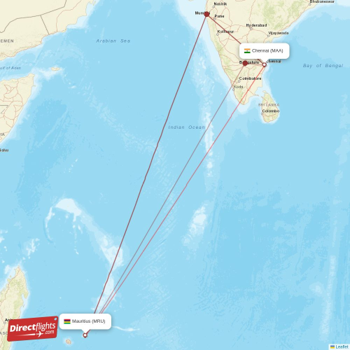 Mauritius - Chennai direct flight map