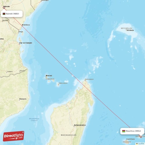 Mauritius - Nairobi direct flight map