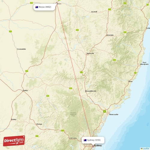 Moree - Sydney direct flight map
