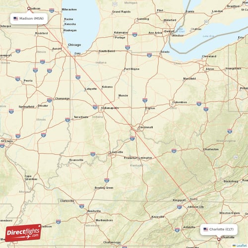 Madison - Charlotte direct flight map
