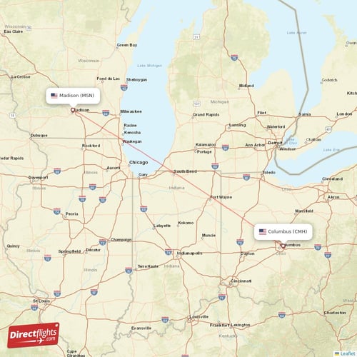 Madison - Columbus direct flight map