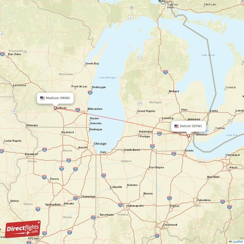 Madison - Detroit direct flight map