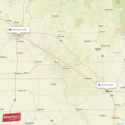 Madison - Minneapolis direct flight map