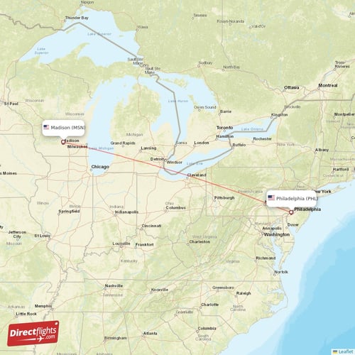 Madison - Philadelphia direct flight map