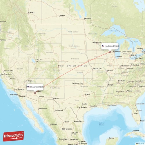 Madison - Phoenix direct flight map