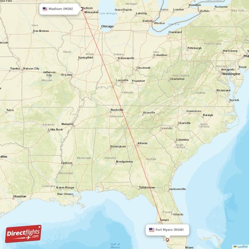 Madison - Fort Myers direct flight map