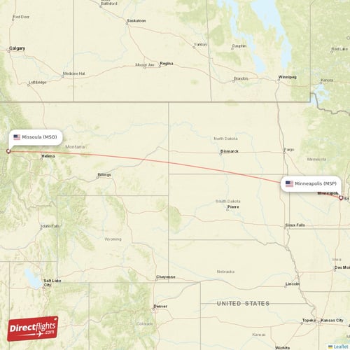 Missoula - Minneapolis direct flight map