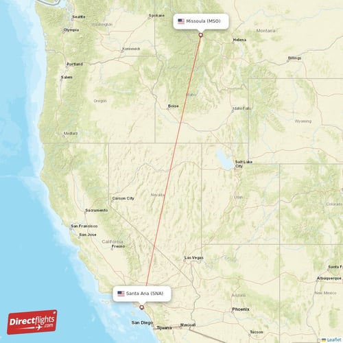 Missoula - Santa Ana direct flight map