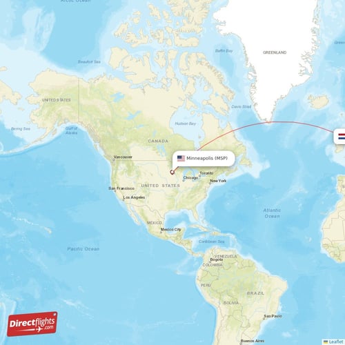 Minneapolis - Amsterdam direct flight map