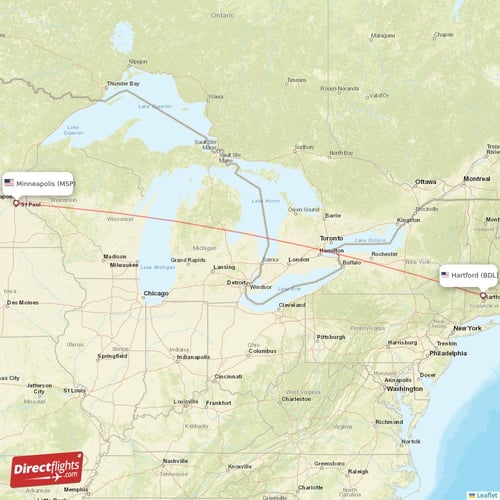Minneapolis - Hartford direct flight map