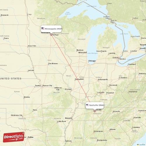Minneapolis - Nashville direct flight map
