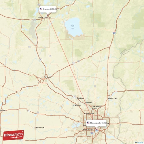 Minneapolis - Brainerd direct flight map