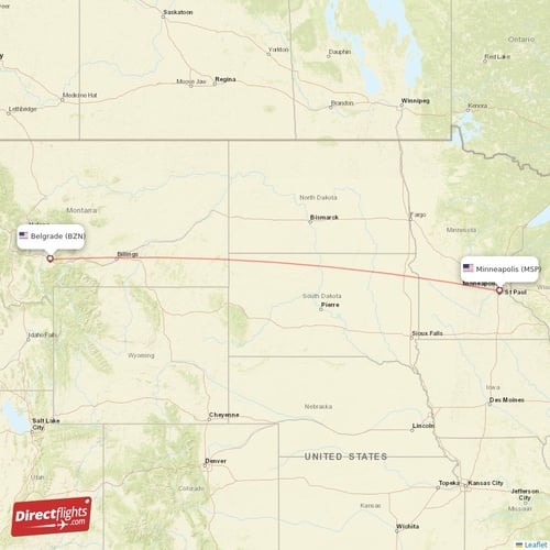 Minneapolis - Bozeman direct flight map