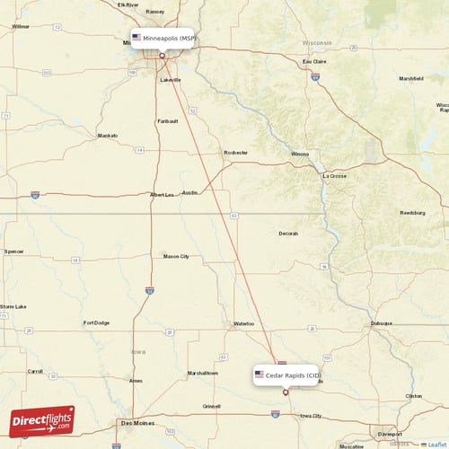 Minneapolis - Cedar Rapids direct flight map