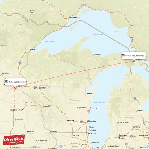 Minneapolis - Sault Ste. Marie direct flight map