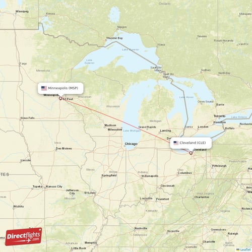Minneapolis - Cleveland direct flight map