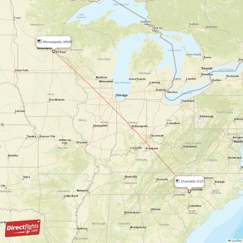 Minneapolis - Charlotte direct flight map