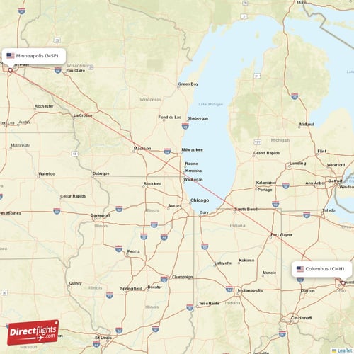 Minneapolis - Columbus direct flight map