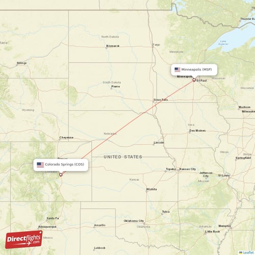 Minneapolis - Colorado Springs direct flight map