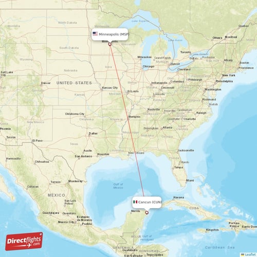 Minneapolis - Cancun direct flight map