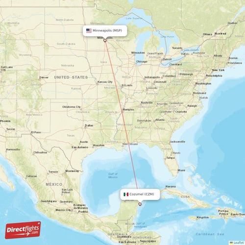 Minneapolis - Cozumel direct flight map